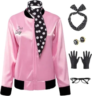 1950s Pink Satin Jacket,50s Costumes for Women Ladies Jacket with Polka Dot Scarf Headband and Earrings