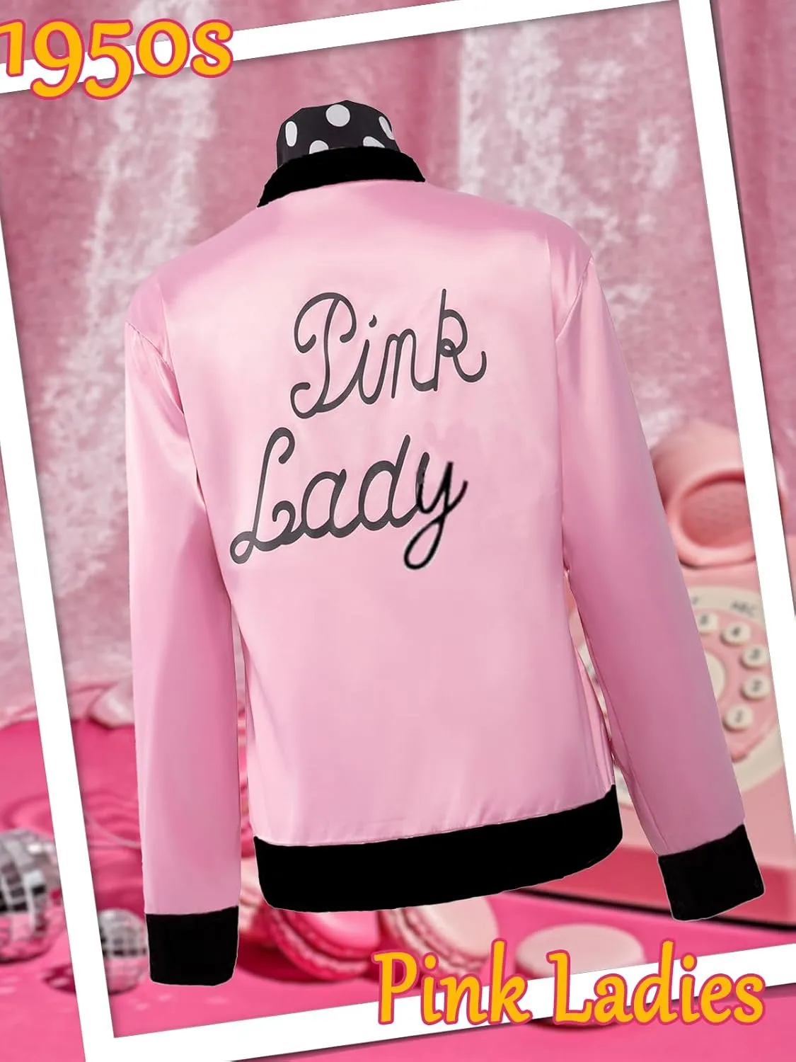1950s Pink Satin Jacket,50s Costumes for Women Ladies Jacket with Polka Dot Scarf Headband and Earrings