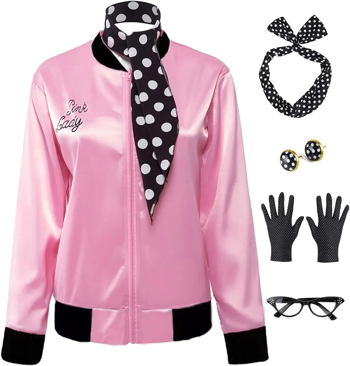 1950s Pink Satin Jacket,50s Costumes for Women Ladies Jacket with Polka Dot Scarf Headband and Earrings