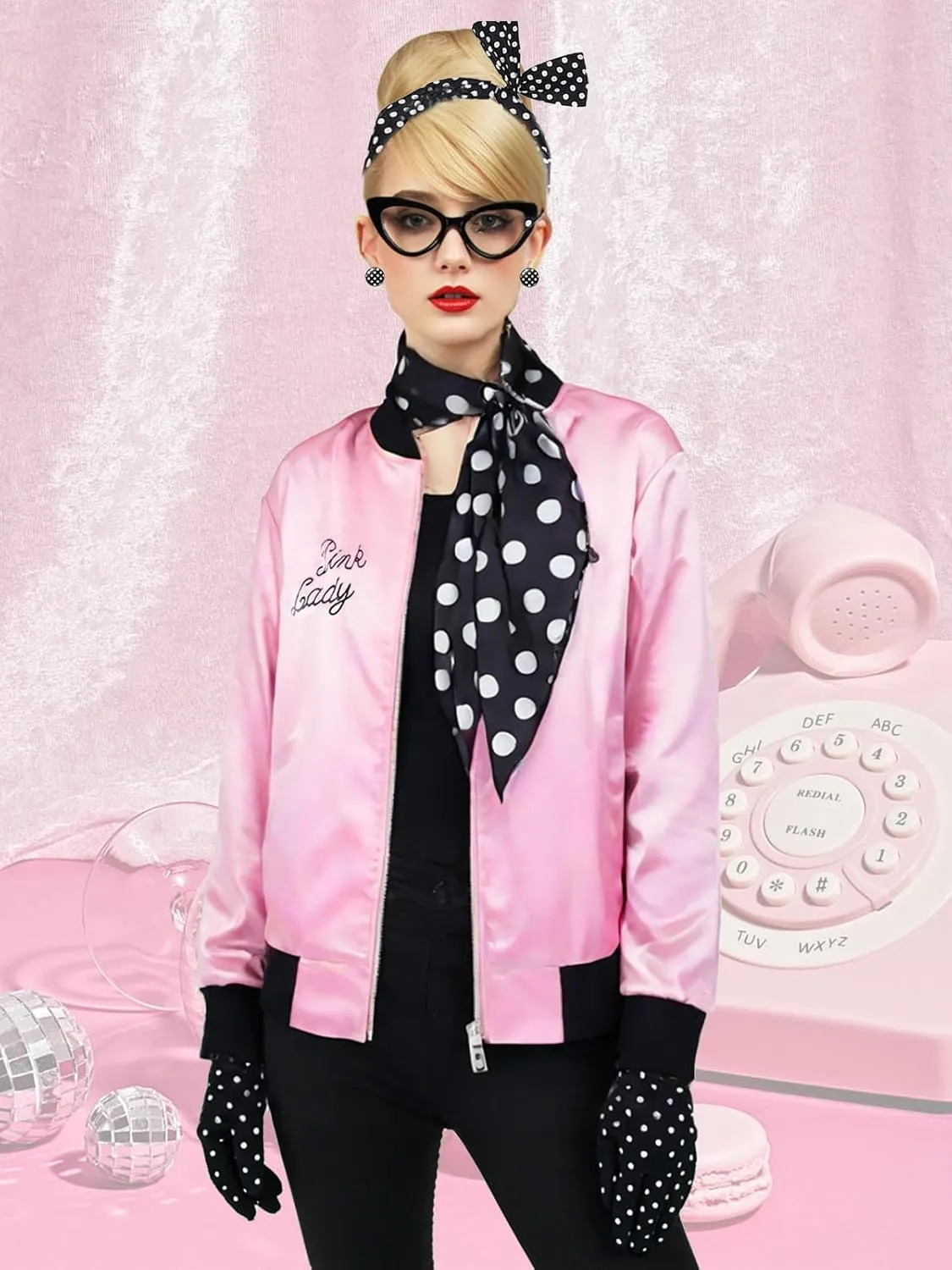 1950s Pink Satin Jacket,50s Costumes for Women Ladies Jacket with Polka Dot Scarf Headband and Earrings