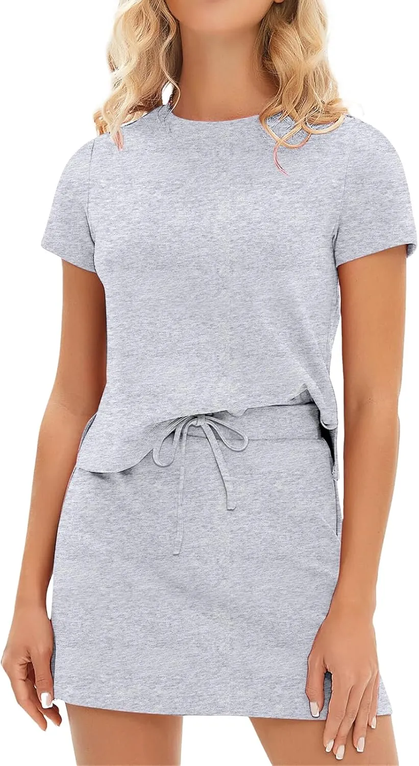 2 Piece Sets for Women Going Out Short Sleeve Crewneck Tshirt Set Drawstring Tennis Skort Set Matching Sweatsuits