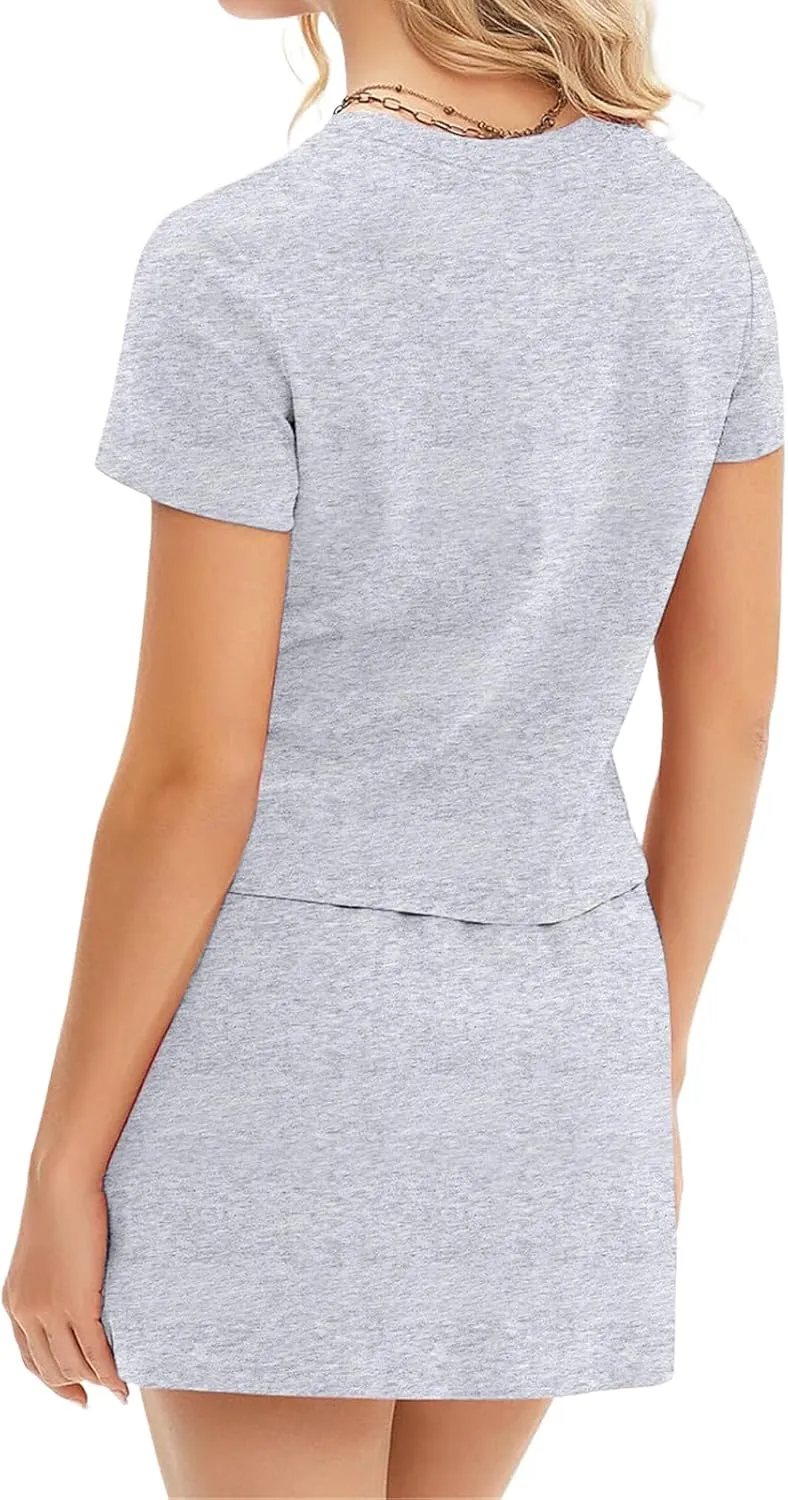 2 Piece Sets for Women Going Out Short Sleeve Crewneck Tshirt Set Drawstring Tennis Skort Set Matching Sweatsuits
