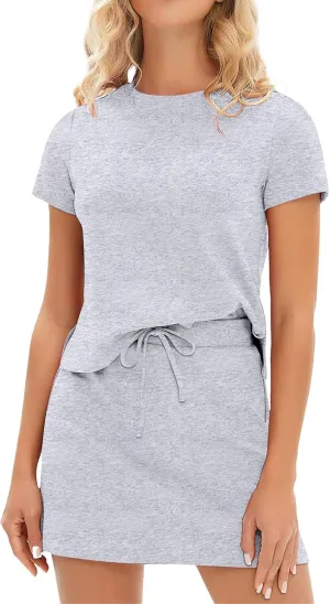 2 Piece Sets for Women Going Out Short Sleeve Crewneck Tshirt Set Drawstring Tennis Skort Set Matching Sweatsuits