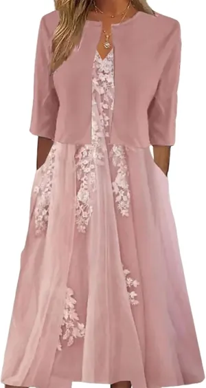 2 Piece Sets For Women Lounge Wear Matching Two Piece Pink Side Pocket Print Midi Dress With Jacket Summer Outfit 2025