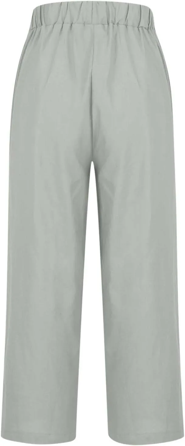 2024 Cotton Linen Pants Women Summer Elastic Waist Crop Pants Plus Size Straight Leg Slack Casual Trouser with Pocket