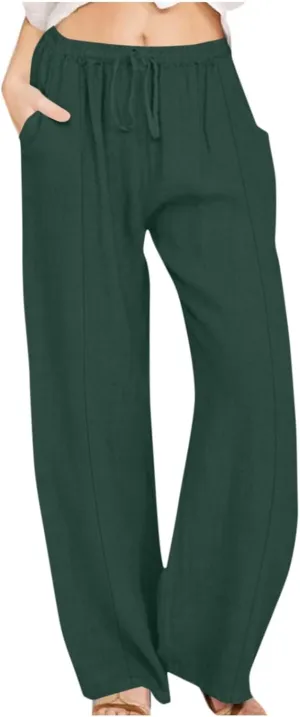 2025 Summer Linen Pants for Women Lounge Drawstring High Waist Flowy Trousers Loose Lightweight Beach Wide Leg Bottom