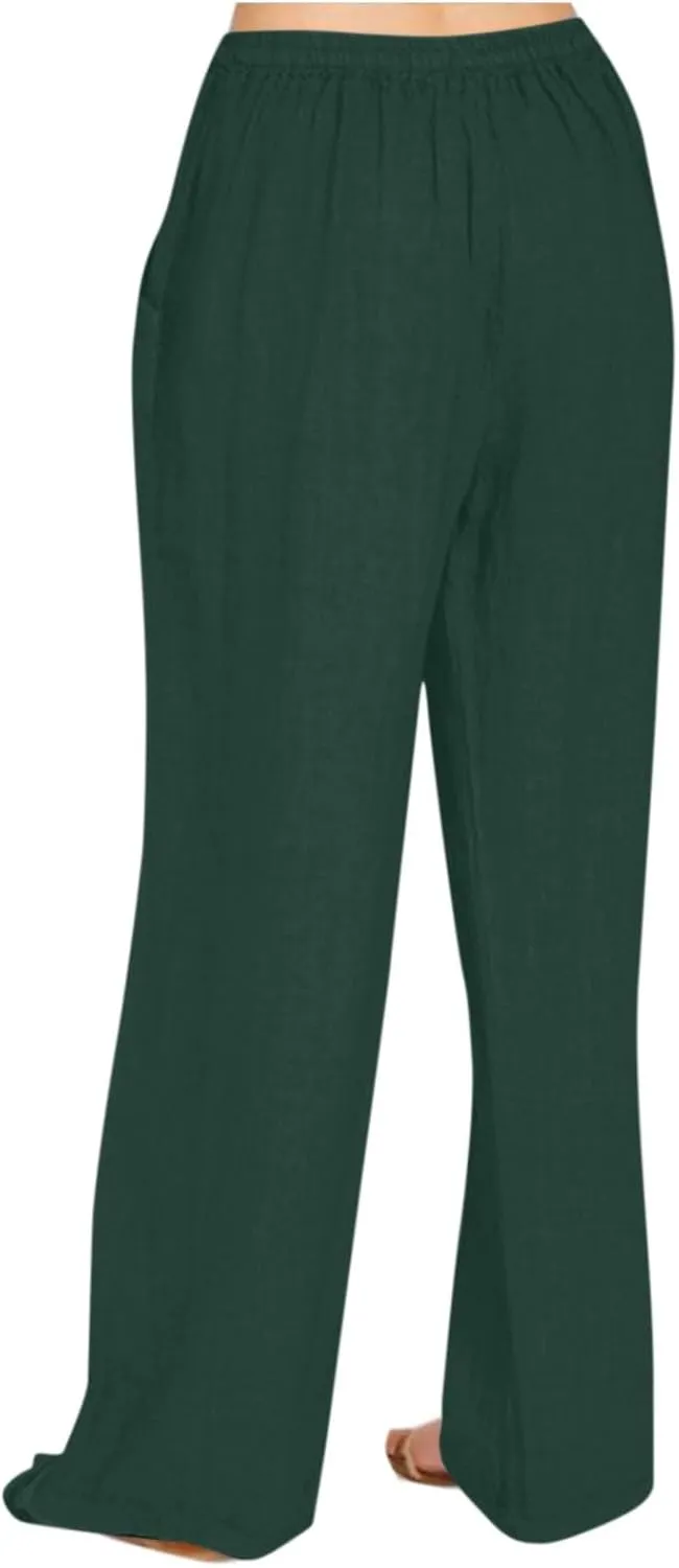 2025 Summer Linen Pants for Women Lounge Drawstring High Waist Flowy Trousers Loose Lightweight Beach Wide Leg Bottom