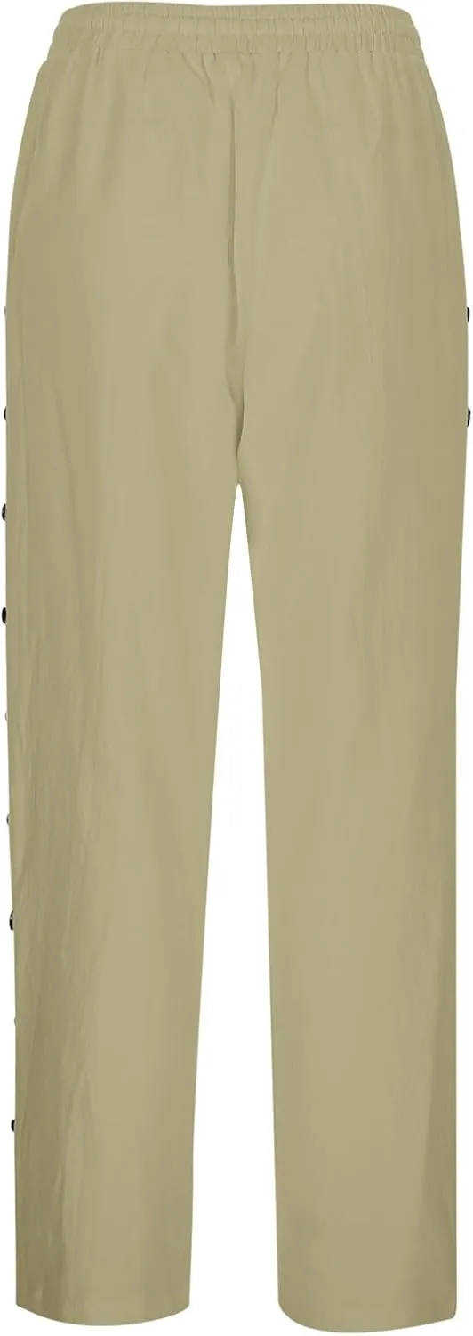 2025 Summer Linen Pants for Women Straight Leg Side Button Casual Pant Women Baggy Elastic Waist Trousers with Pocket