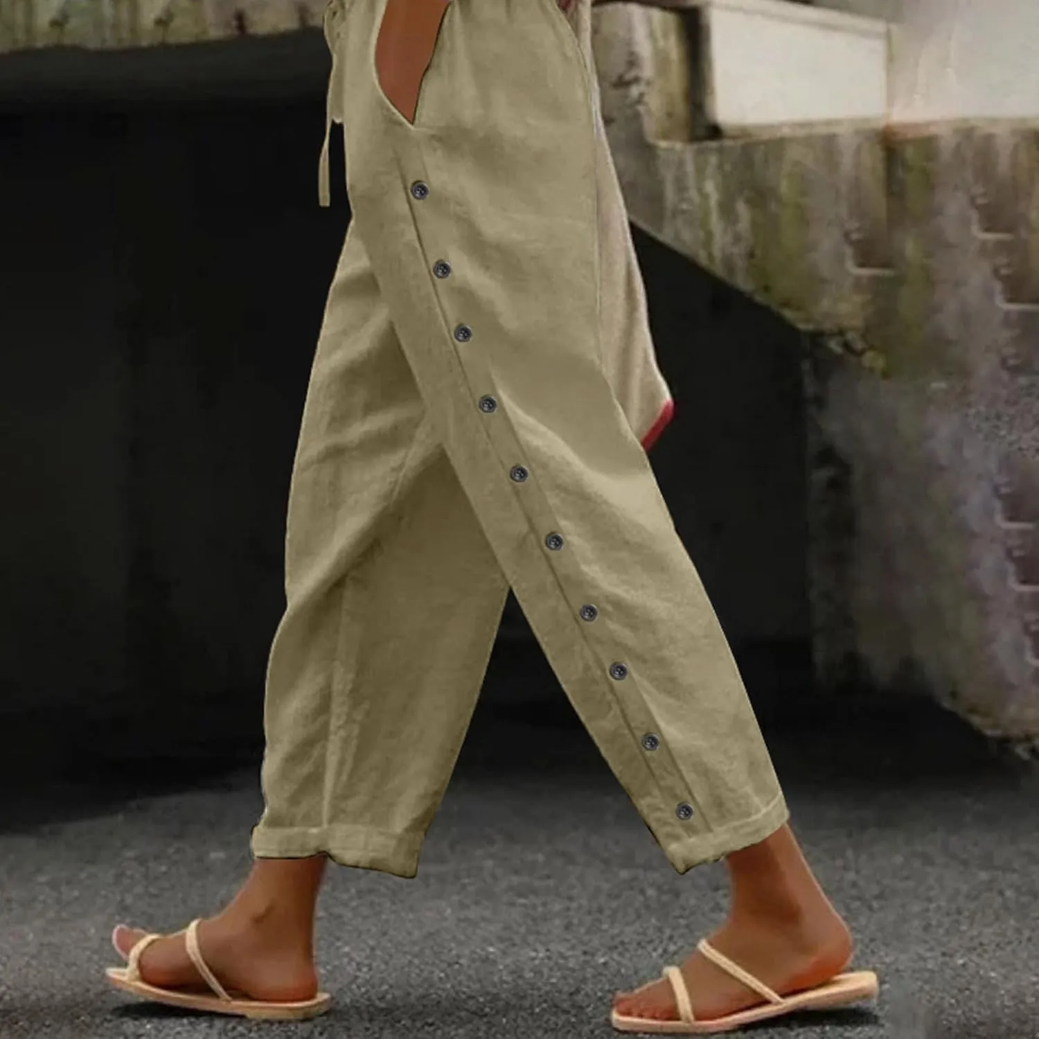 2025 Summer Linen Pants for Women Straight Leg Side Button Casual Pant Women Baggy Elastic Waist Trousers with Pocket