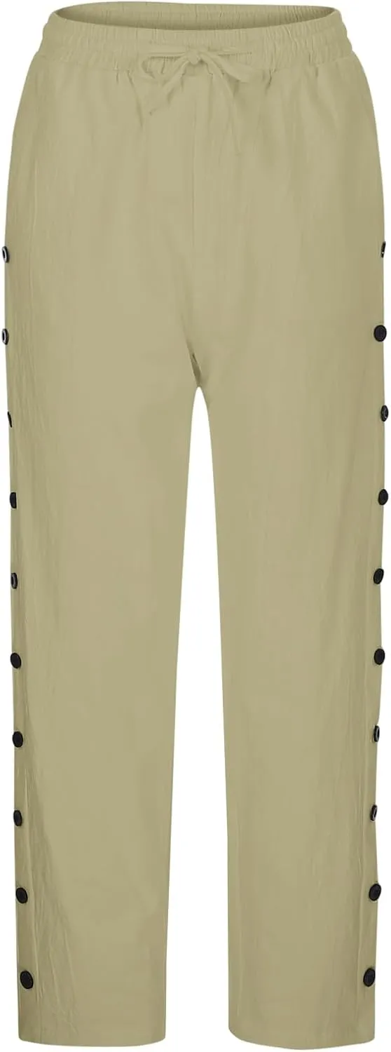 2025 Summer Linen Pants for Women Straight Leg Side Button Casual Pant Women Baggy Elastic Waist Trousers with Pocket