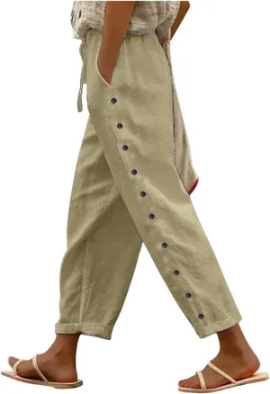 2025 Summer Linen Pants for Women Straight Leg Side Button Casual Pant Women Baggy Elastic Waist Trousers with Pocket