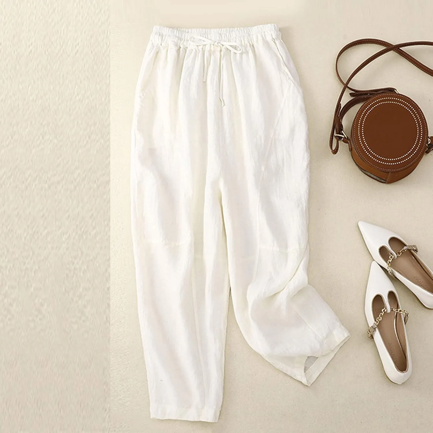 2025 Trendy Women's Embroidered Linen Pants - Solid Color Elastic Waist Casual Long Trousers with Floral Pattern