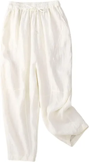2025 Trendy Women's Embroidered Linen Pants - Solid Color Elastic Waist Casual Long Trousers with Floral Pattern