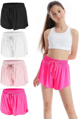 3-4 Packs Girls Flowy Butterfly Shorts Athletic 2 in 1 Running Active Skirt Shorts, Workout Short for Kids Teens