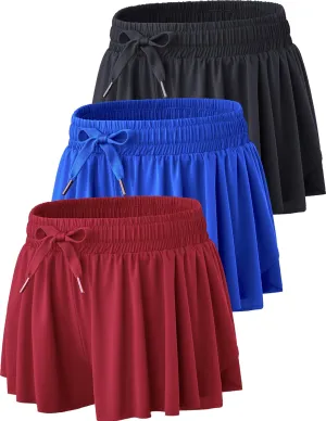 3 Pack Womens Flowy Running Shorts, 2-in-1 Butterfly Skirts with Shorts Underneath Spandex Athletic Casual Gym Workout Lounge