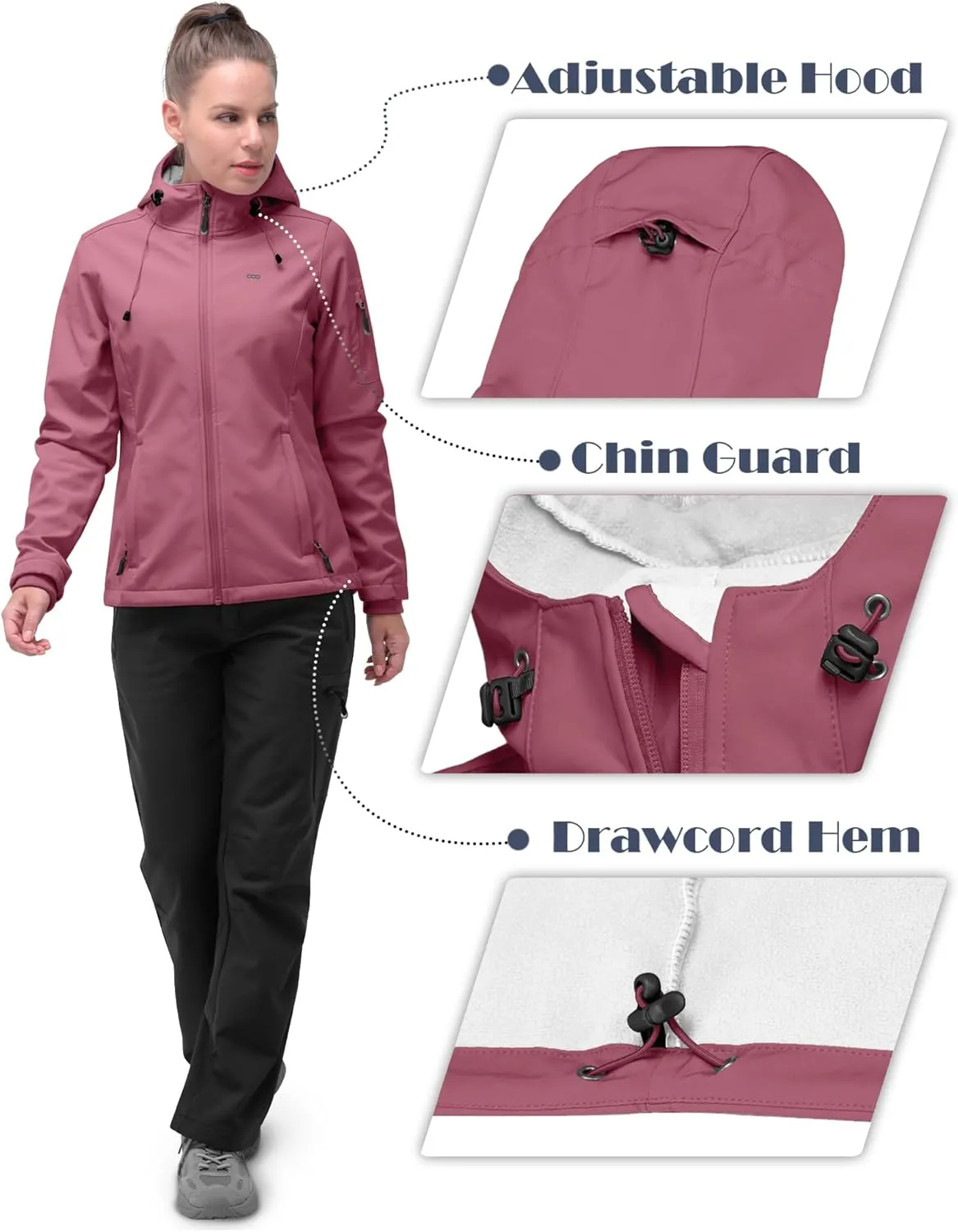 33,000ft Women's Softshell Jacket, Fleece Lined Warm Jacket Light Hooded Windproof Coat for Outdoor Hiking