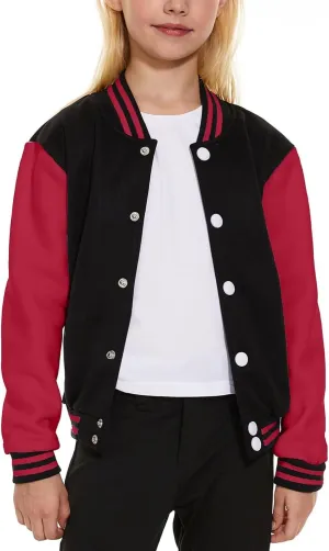 ACEFAST INC Kids Baseball Jacket School Varsity Uniform Casual Sweatshirt Girls Sweater Jacket Baseball Solid Color