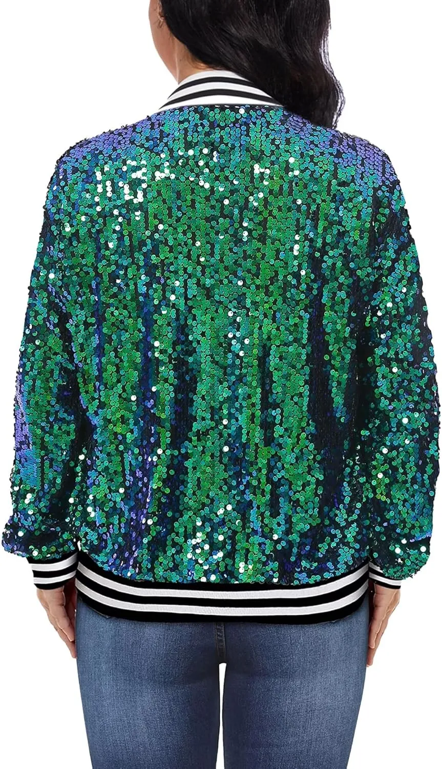 ACEFAST INC Women's Shiny Sparkle Sequins Long Sleeve Zip Blazer Halloween Party Bomber Jacket