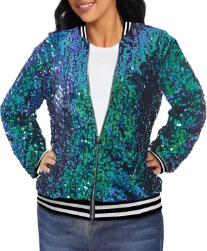 ACEFAST INC Women's Shiny Sparkle Sequins Long Sleeve Zip Blazer Halloween Party Bomber Jacket