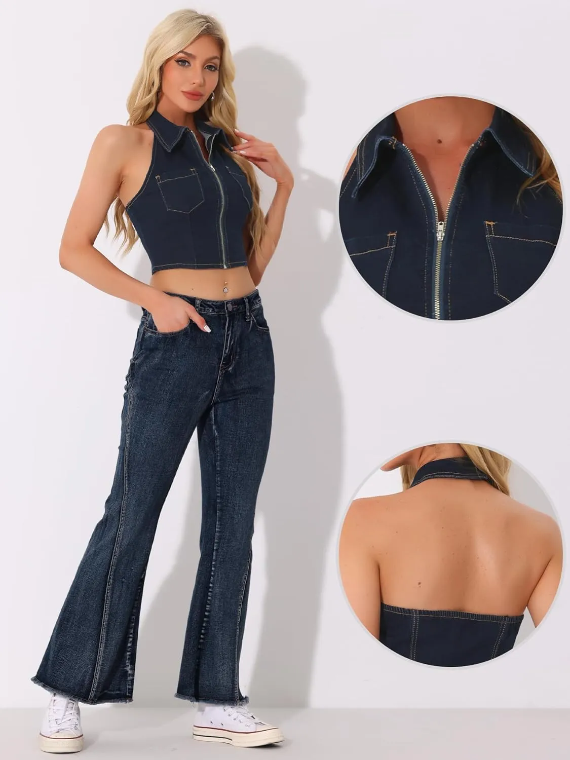 Allegra K Denim Halter Top for Women's Zipper Up Collared Sleeveless Jean Corset