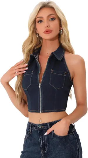 Allegra K Denim Halter Top for Women's Zipper Up Collared Sleeveless Jean Corset