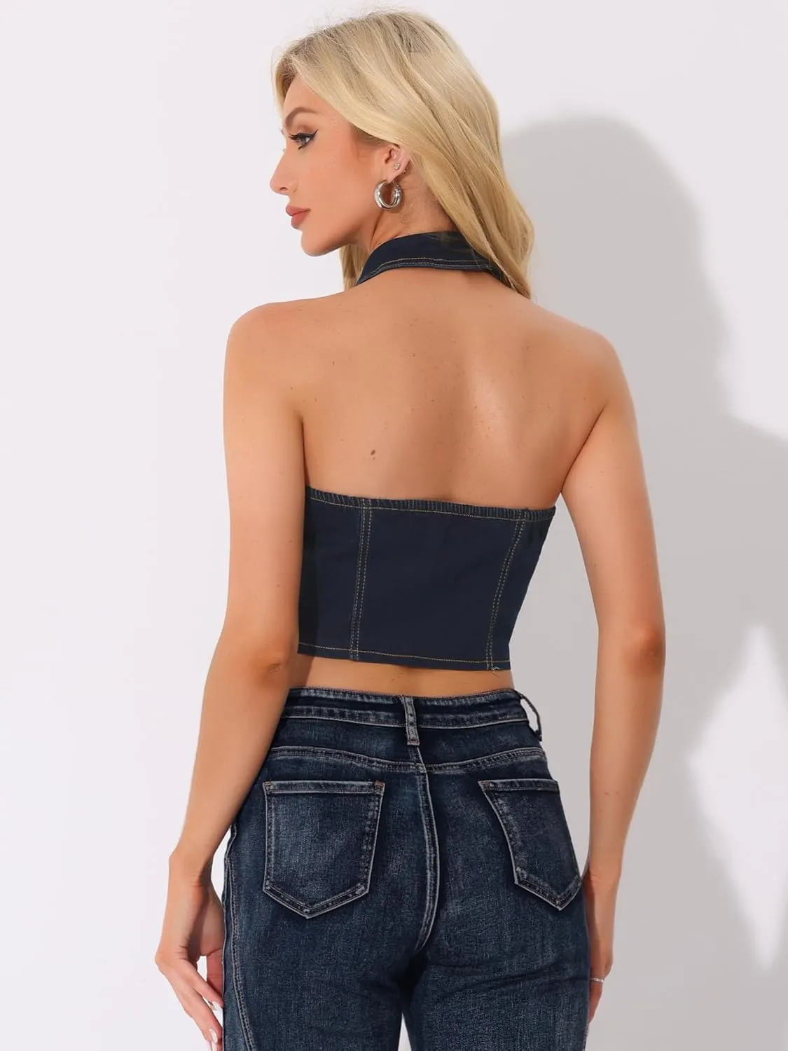 Allegra K Denim Halter Top for Women's Zipper Up Collared Sleeveless Jean Corset