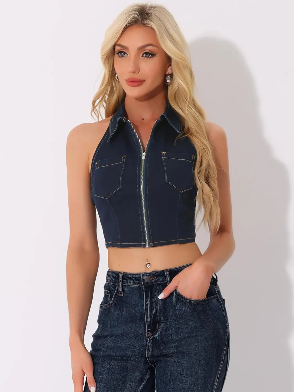 Allegra K Denim Halter Top for Women's Zipper Up Collared Sleeveless Jean Corset