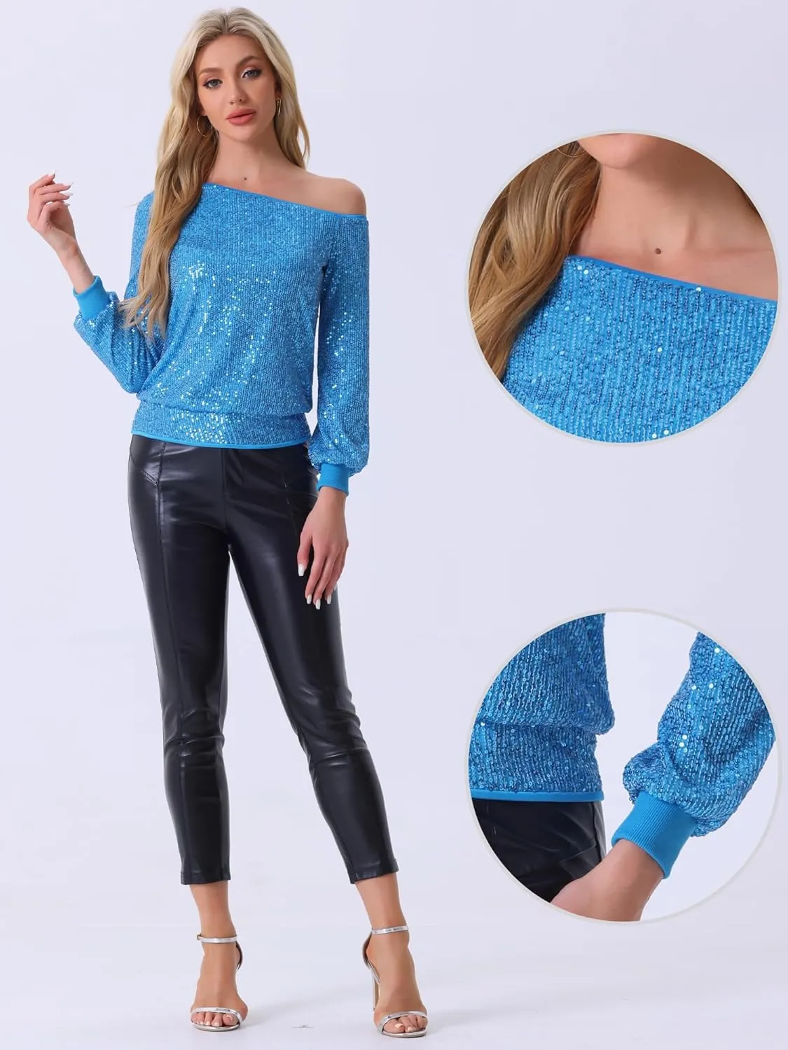 Allegra K Sparkly Sequin Top for Women's Off-Shoulder Long Sleeve Party Tops