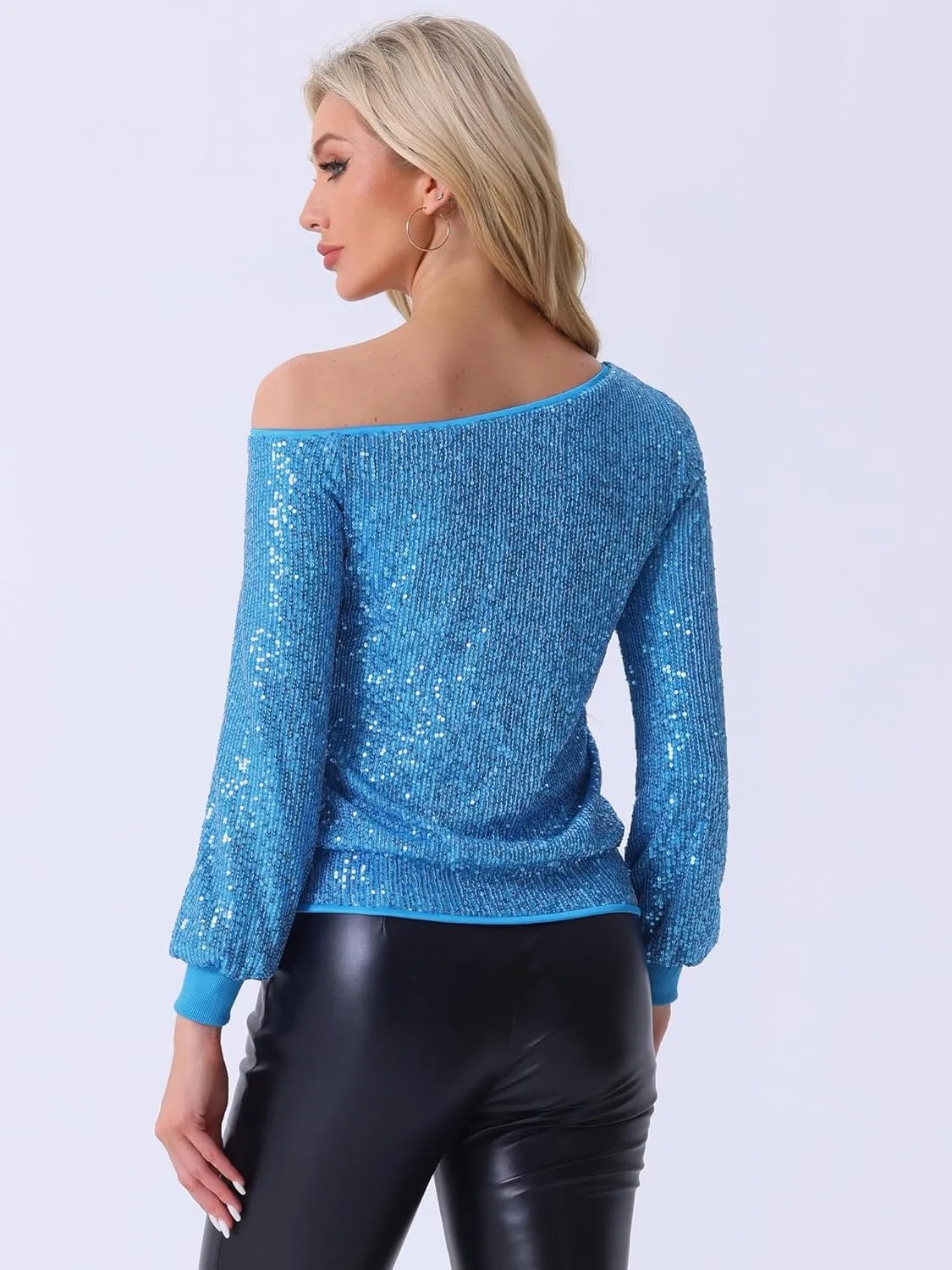 Allegra K Sparkly Sequin Top for Women's Off-Shoulder Long Sleeve Party Tops