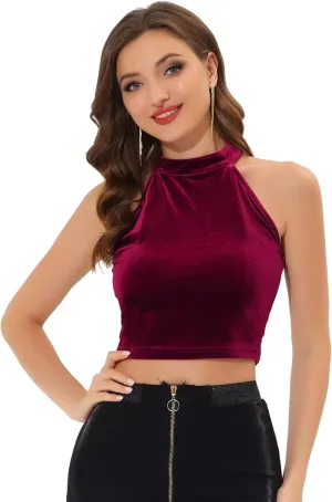 Allegra K Women's Halter Neck Velvet Velour Basic Layering Party Sleeveless Crop Top