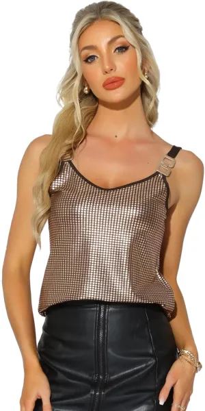 Allegra K Women's Metallic Shining Camisole Club Party Disco Sparkly Cami Top