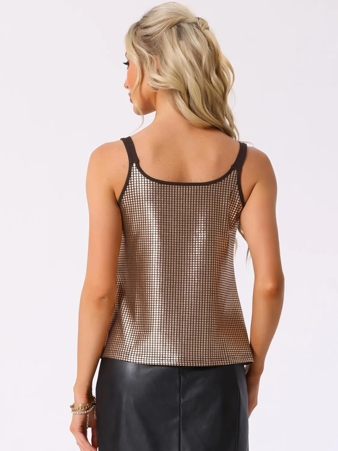 Allegra K Women's Metallic Shining Camisole Club Party Disco Sparkly Cami Top