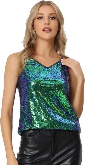 Allegra K Women's Sequin Sparkle Camisole Shining Club Party Disco Glitter Cami Top