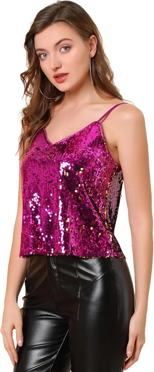 Allegra K Women's Sequined Shining Camisole Club Party Glitter Disco Sparkle Cami Top