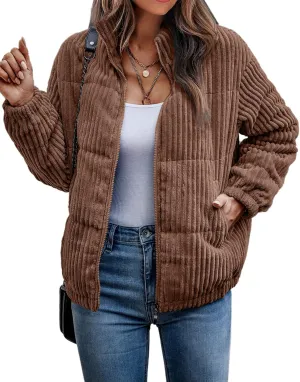 Angashion Women's Bomber Jacket Corduroy Ribbed Quilted Zip Up Long Sleeve Winter Coat Fall Outerwear Tops with Pockets