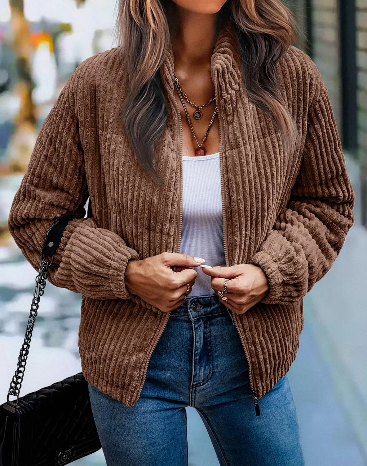 Angashion Women's Bomber Jacket Corduroy Ribbed Quilted Zip Up Long Sleeve Winter Coat Fall Outerwear Tops with Pockets