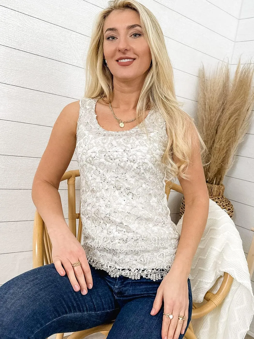 Anna-Kaci Womens Casual Formal Embroidered Lace Sequin Sleeveless Shirt Tank Top
