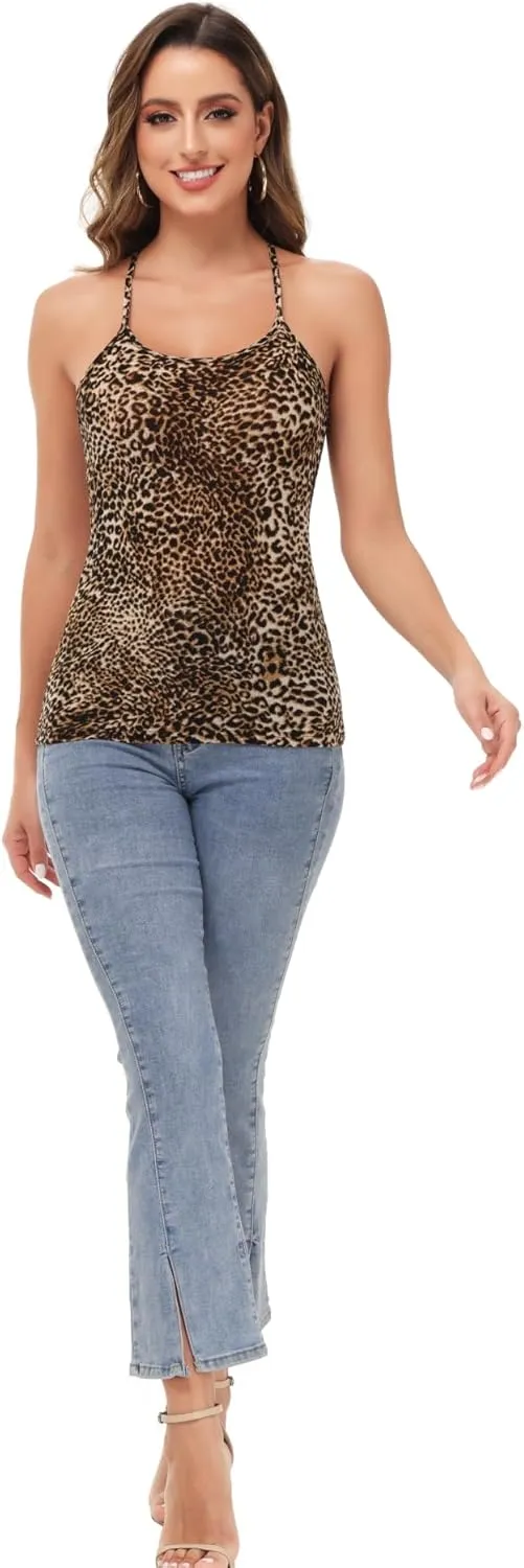 Anna-Kaci Womens Casual Leopard Print Spaghetti Strap Soft Racerback Tank Top