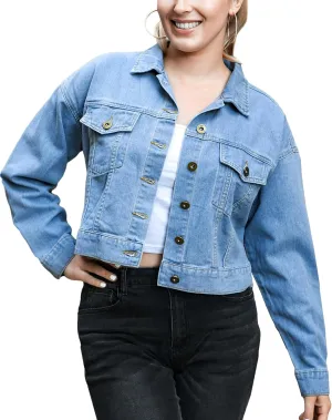 Anna-Kaci Women's Classic Long Sleeve Button Down Crop Denim Jean Jackets with Pockets