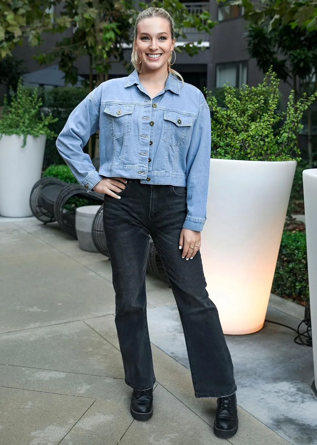 Anna-Kaci Women's Classic Long Sleeve Button Down Crop Denim Jean Jackets with Pockets