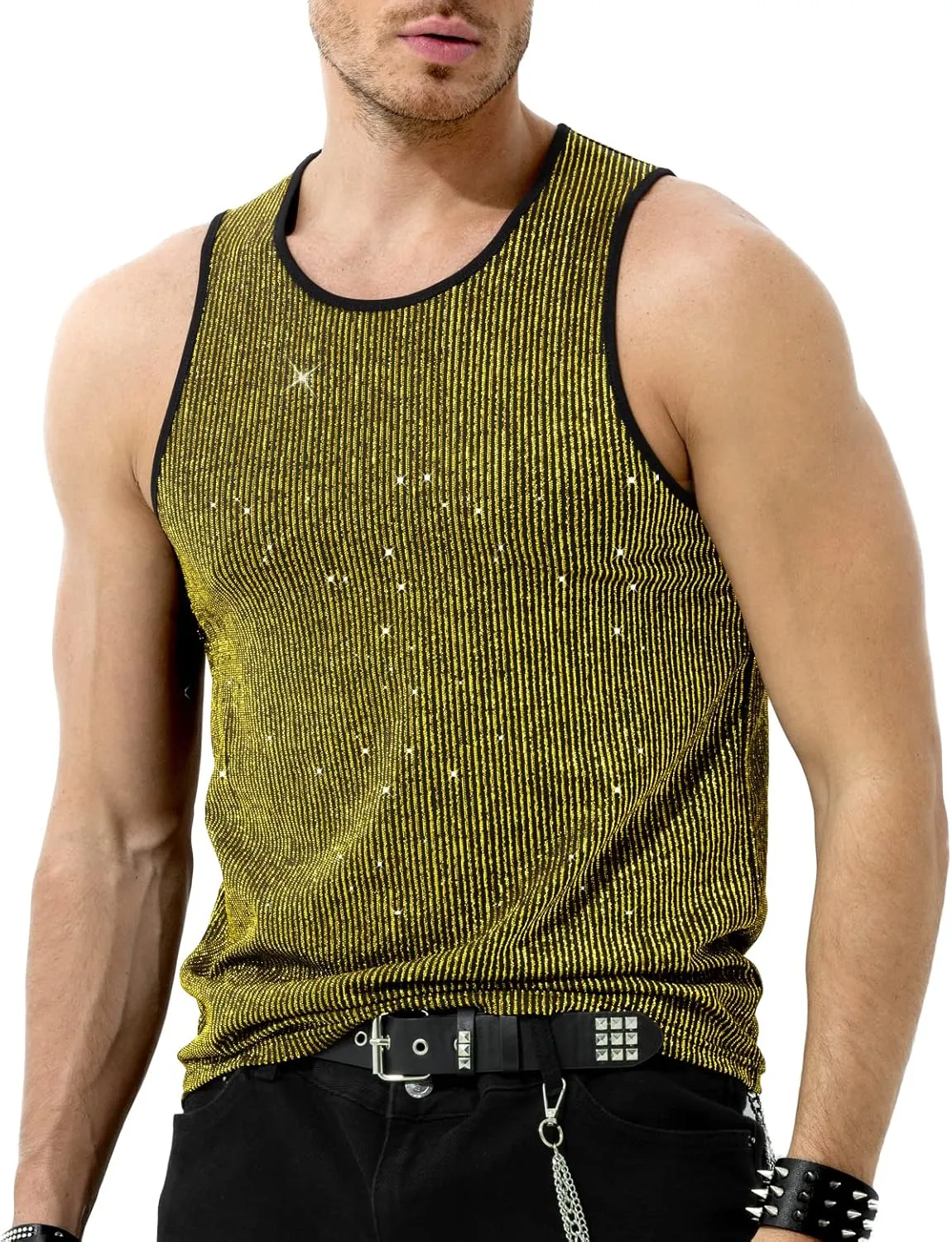 Arjen Kroos Men's Sequin Sleeveless Tank Top Sparkly Rave Metallic T-Shirt