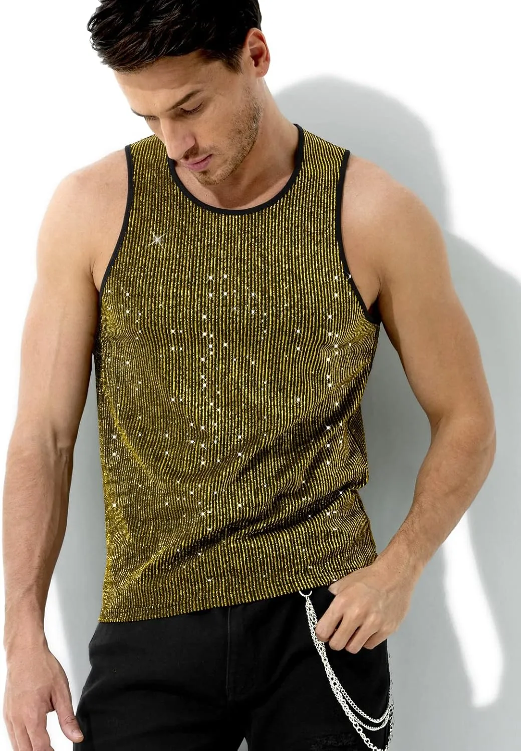 Arjen Kroos Men's Sequin Sleeveless Tank Top Sparkly Rave Metallic T-Shirt