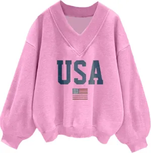 Avanova Women USA Graphic V Neck Sweatshirts Top Drop Shoulder Long Sleeve Pullover Shirt
