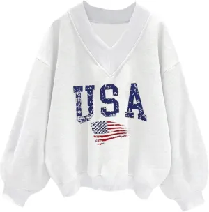 Avanova Women USA Graphic V Neck Sweatshirts Top Drop Shoulder Long Sleeve Pullover Shirt