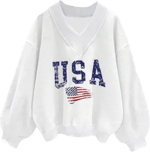 Avanova Women USA Graphic V Neck Sweatshirts Top Drop Shoulder Long Sleeve Pullover Shirt
