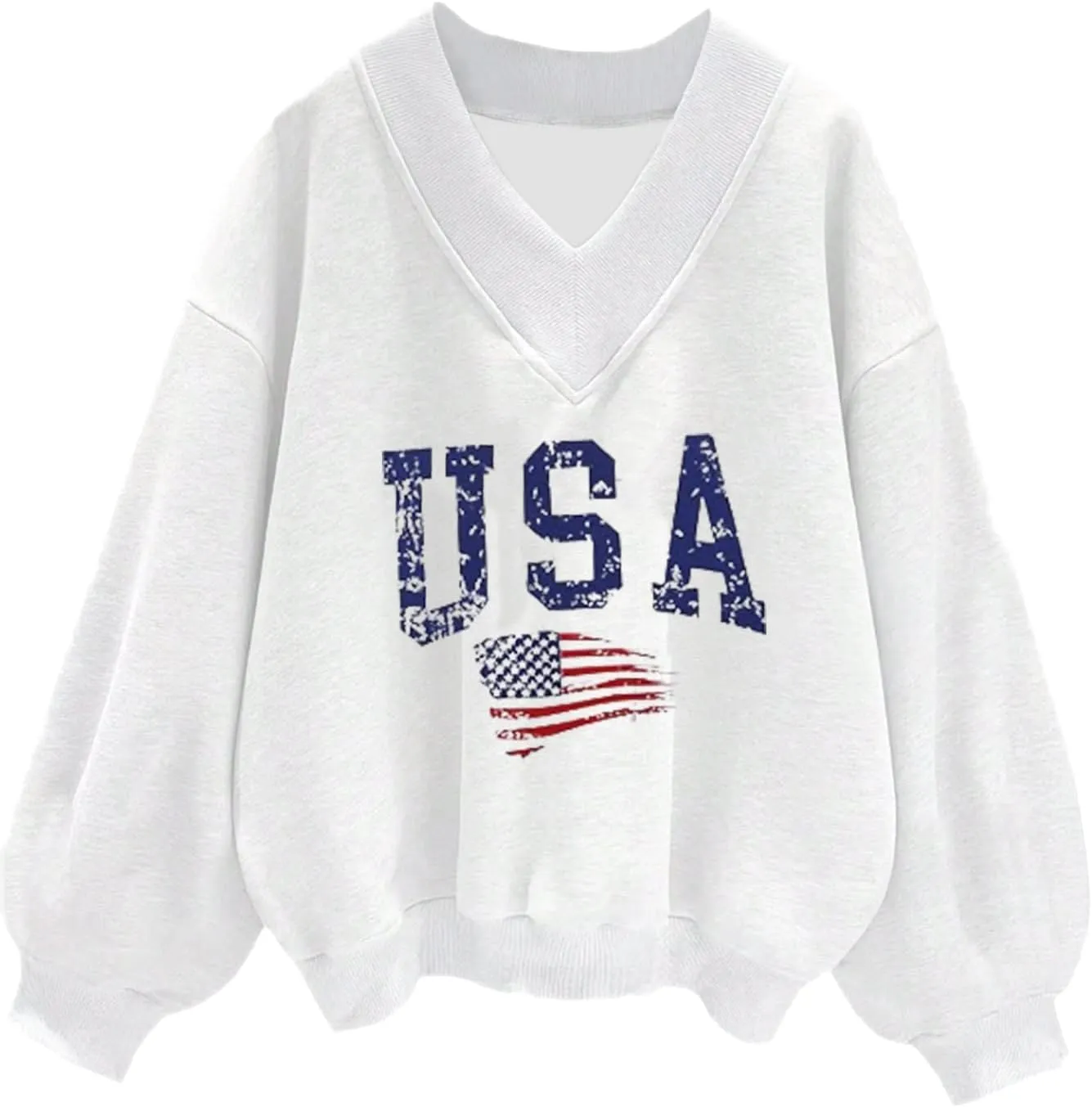 Avanova Women USA Graphic V Neck Sweatshirts Top Drop Shoulder Long Sleeve Pullover Shirt