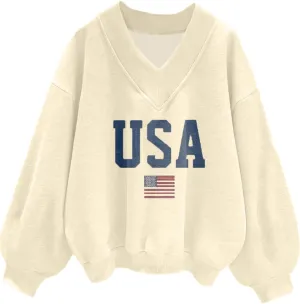 Avanova Women USA Graphic V Neck Sweatshirts Top Drop Shoulder Long Sleeve Pullover Shirt