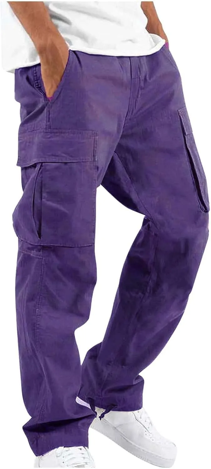Baggy Cargo Pants for Men Casual Drawstring Waist Hiking Pants with Pockets Outdoor Lightweight Parachute Pants