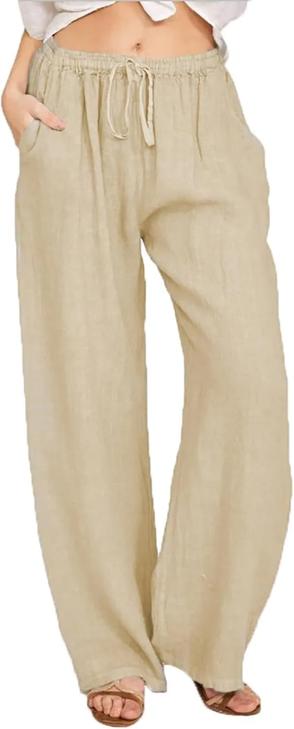 Baggy Linen Pants for Women 2025 Summer Loose Comfy Long Pants Beach Slacks Low Waist Flowy Cotton Linen Trousers