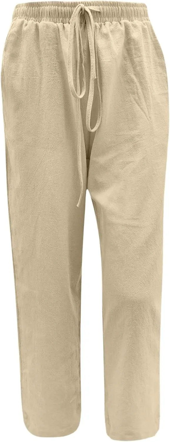 Baggy Linen Pants for Women 2025 Summer Loose Comfy Long Pants Beach Slacks Low Waist Flowy Cotton Linen Trousers